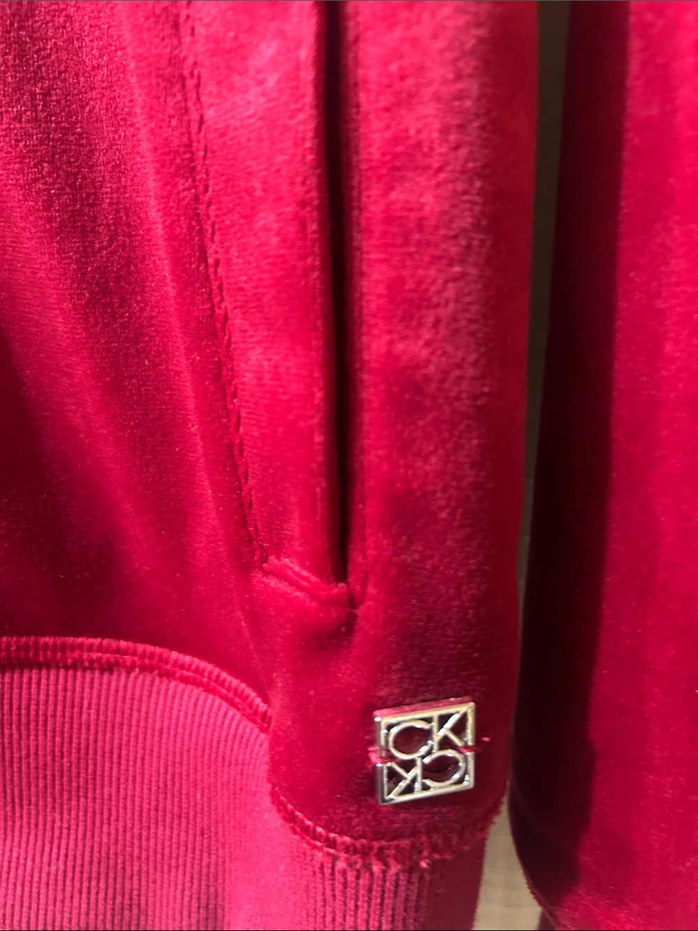 Calvin Klein Deep Red Velour Zip Hoodie with Crystal CK - Picture 4 of 6